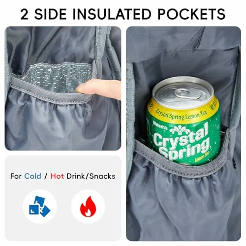 Backpack with two side insulated pockets for drinks and snacks.