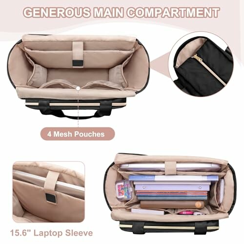 Backpack with main compartment, mesh pouches, and 15.6-inch laptop sleeve.