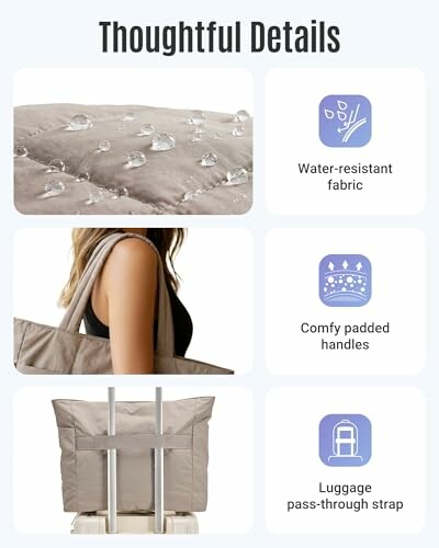 Bag with water-resistant fabric, comfy padded handles, and luggage pass-through strap.