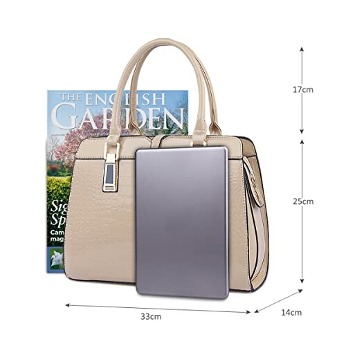 Beige handbag with size comparison to magazine and tablet.