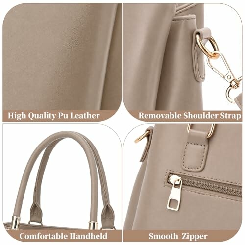 Details of a beige leather tote bag highlighting quality leather, removable strap, comfortable handles, and smooth zipper.