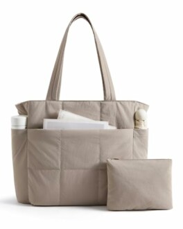 Beige quilted tote bag with matching pouch