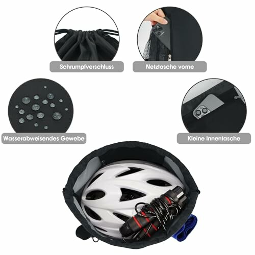 Cycling helmet bag with compartments and water-resistant fabric.