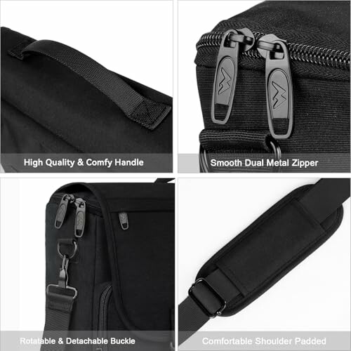Collage of black bag features: comfy handle, smooth dual zipper, detachable buckle, padded shoulder strap.
