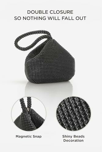 Black beaded purse with double closure, magnetic snap, and shiny beads decoration.