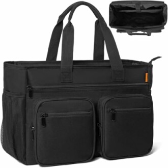 Black diaper bag with multiple pockets and compartments.