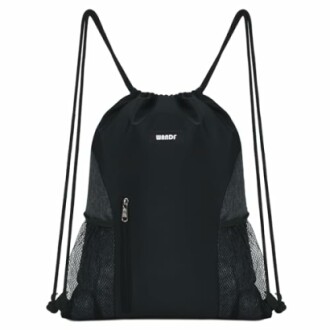 Black drawstring backpack with mesh side pockets.
