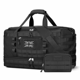 Black duffel bag with Union Jack patch and small pouch.