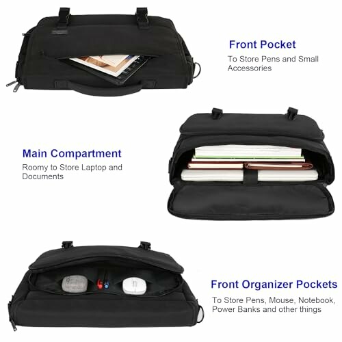 Black laptop bag with front pocket, main compartment, and organizer pockets.