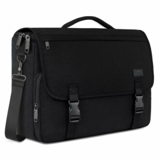 Black laptop messenger bag with shoulder strap and buckles