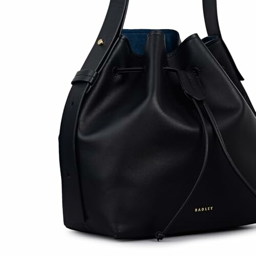 Black leather drawstring handbag with brand logo