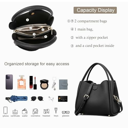 Black leather handbag with organized storage and capacity display.
