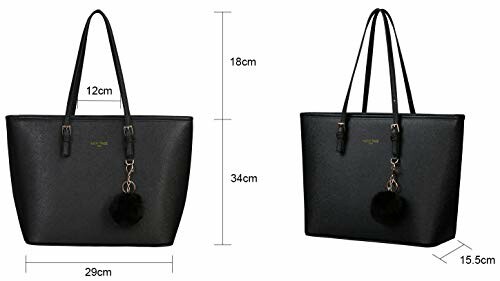 Black tote bag with gold accents and pom-pom, shown with dimensions.