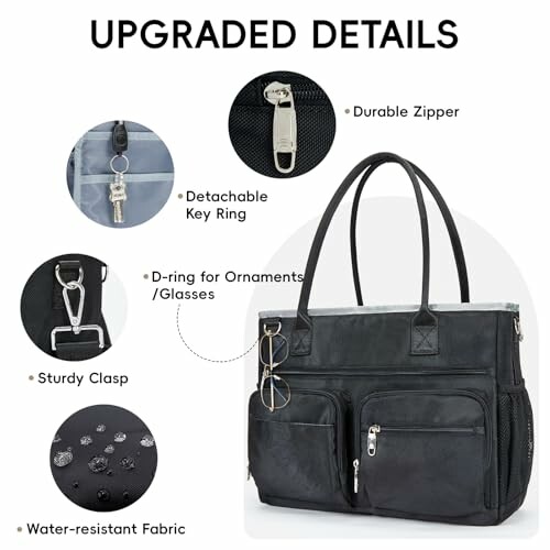 Black tote bag highlighting features like durable zipper, detachable key ring, D-ring for glasses, sturdy clasp, and water-resistant fabric.