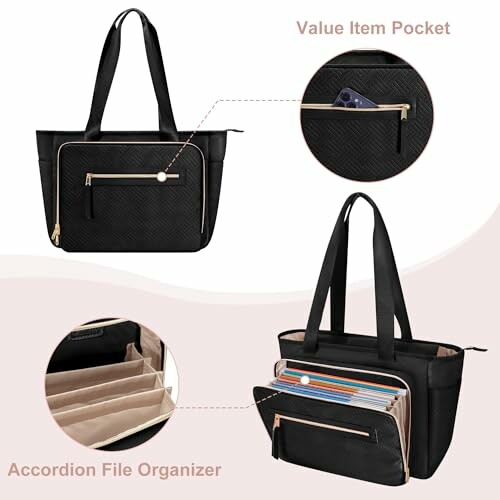Black tote bag with pocket for valuables and accordion file organizer.