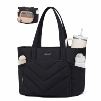 Black tote bag with multiple pockets, containing bottles and accessories.
