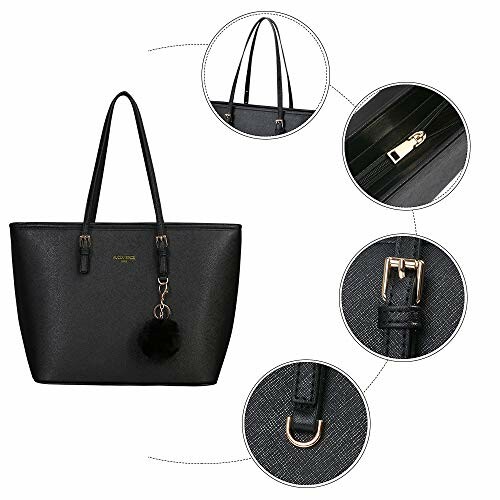 Black tote bag with close-up details of zipper, buckle, and strap.