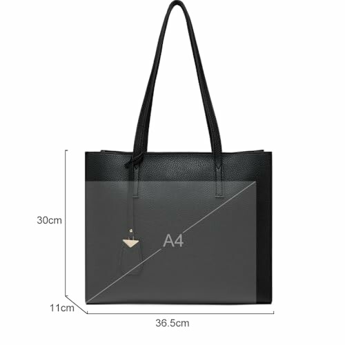 Black tote bag with A4 size reference and dimensions