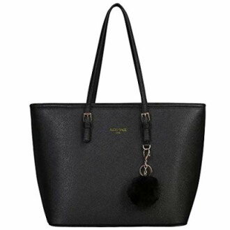 Black tote bag with fur charm and adjustable straps.
