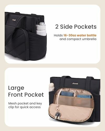 Black tote bag with side and front pockets for water bottle and accessories.