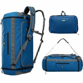 Blue duffel bag with backpack straps and matching pouch.