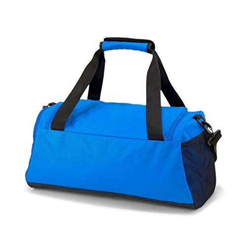 Blue duffel bag with black straps