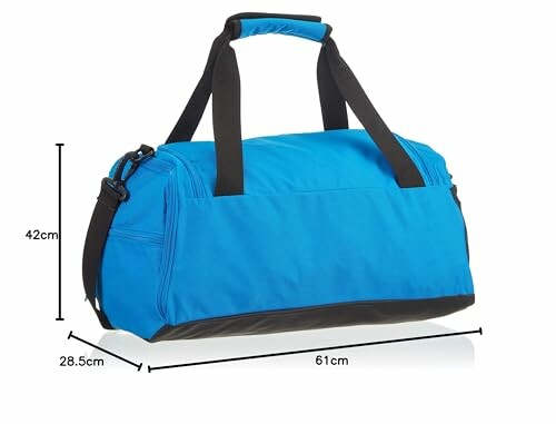 Blue gym duffel bag with dimensions 42cm x 28.5cm x 61cm