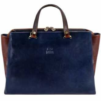 Blue and brown leather tote bag with handles