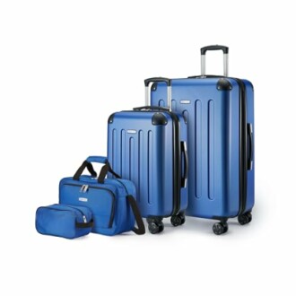 Blue luggage set with suitcases and bags.
