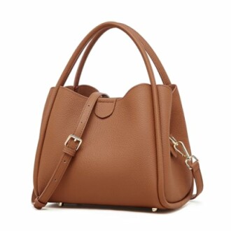 Brown leather handbag with shoulder strap.