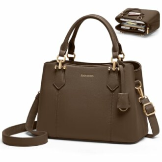 Brown leather handbag with multiple compartments and shoulder strap.