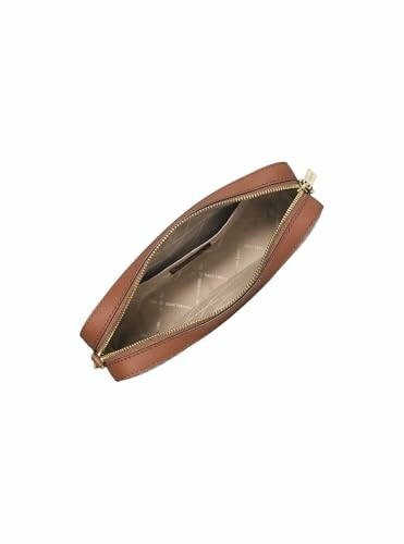 Open brown leather pouch with zipper