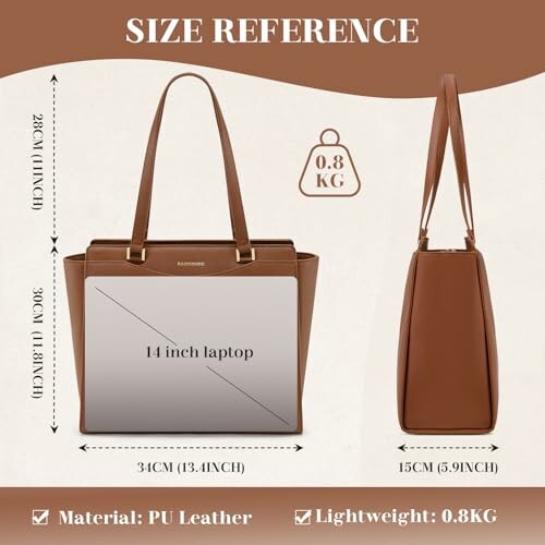 Brown leather tote bag with size and weight specifications.