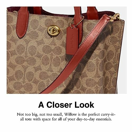 Close-up of a Coach tote bag with brown leather details.