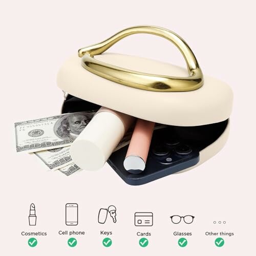 Open purse with cosmetics, money, phone, keys, cards, and glasses.