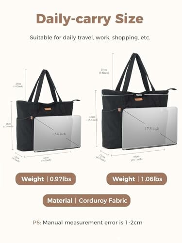 Comparison of two daily-carry tote bags with dimensions and weight details.