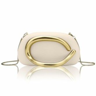 Designer handbag with gold embellishment and chain strap.