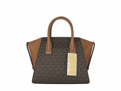 Brown designer handbag with logo pattern and tag