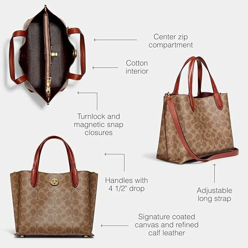 Brown designer tote bag with leather handles and adjustable strap, featuring center zip compartment and cotton interior.