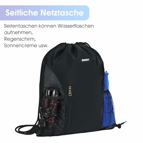 Black drawstring backpack with side mesh pockets holding a water bottle and items.