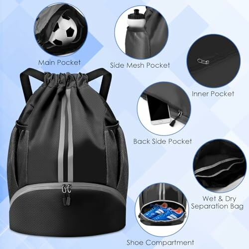Drawstring bag with various compartments including main pocket, side mesh pocket, inner pocket, back side pocket, wet & dry separation bag, and shoe compartment.
