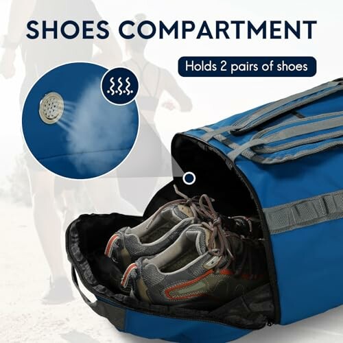 Duffel bag with a shoes compartment holding two pairs of shoes.