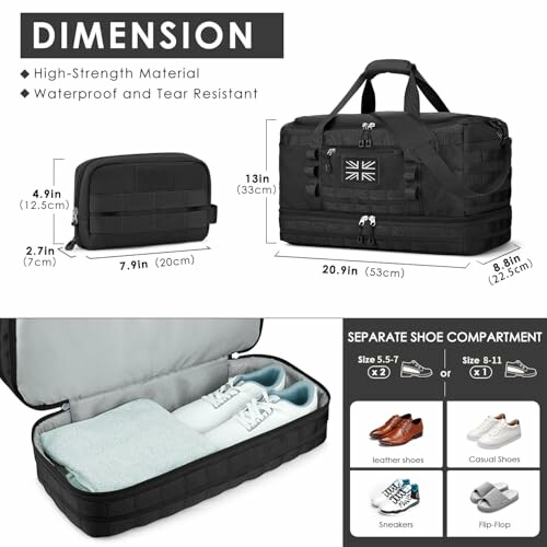 Black duffel bag with dimensions and separate shoe compartment.