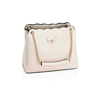 Elegant white handbag with gold chain straps and a small bow decoration.