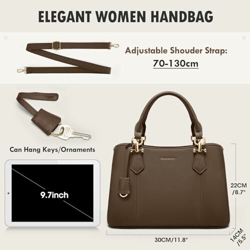 Elegant women's handbag with adjustable shoulder strap, key holder, and size comparison with tablet.