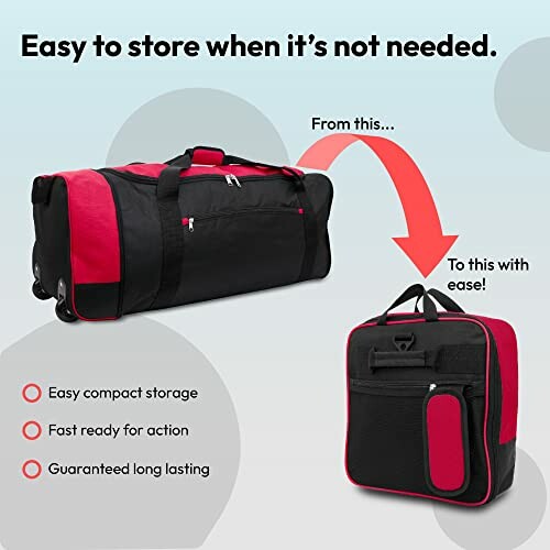Foldable duffel bag showing compact storage transformation.