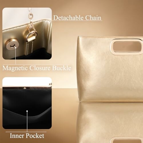 Gold handbag with detachable chain, magnetic closure buckle, and inner pocket.