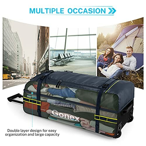 Gonex duffel bag displayed with travel and camping background images.