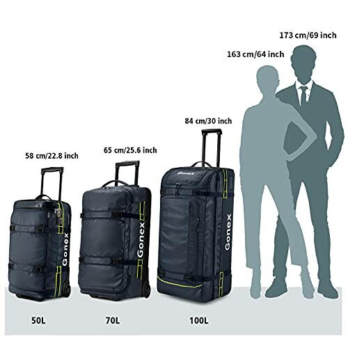 Three Gonex rolling duffel bags in different sizes with height comparison.