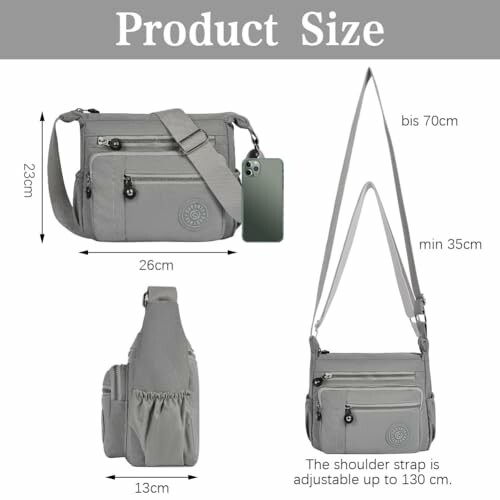 Gray crossbody bag with dimensions and adjustable strap.